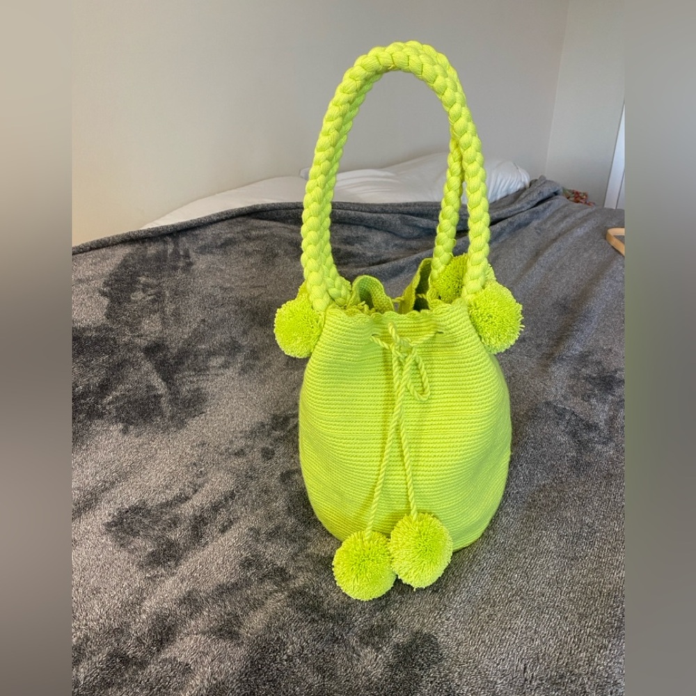 Hola Guava Lime Green Braided Handle Pom-Pom Bucket Bag